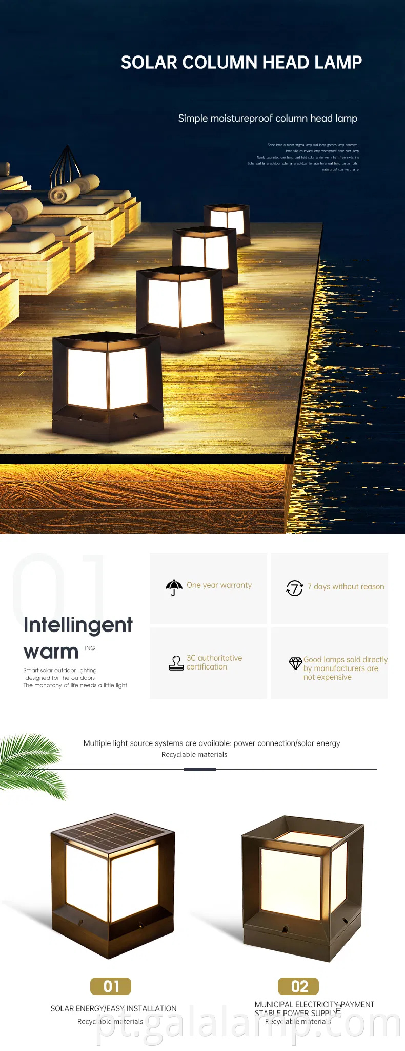 Garden Outdoor Pillar Fence Stone Post Aluminum 3W LED Solar Gate Light